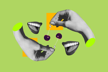 Creative collage 3d hands body fragments woman mouth face smile cherry berry delicious food feed eat hunger yummy surreal concept