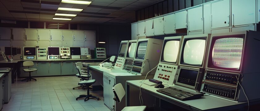A vintage control room filled with retro computer terminals and equipment, evoking a sense of nostalgia and historical technological advancement.