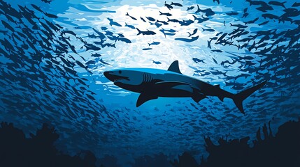 Naklejka premium A large shark swims through a school of fish in the ocean.