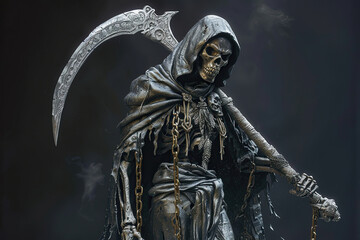 Scary grim reaper with scythe in hell on dark background with dramatic background