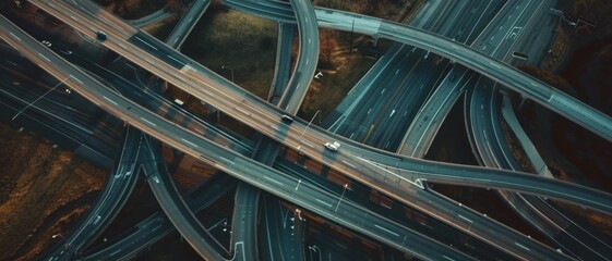 An intricate network of highways seen from above, showing the complexity of urban infrastructure and transportation dynamics.