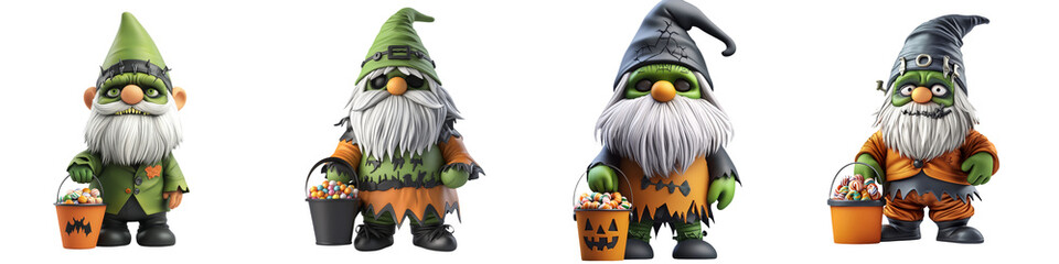 Four colorful garden gnomes with unique outfits and accessories, perfect for whimsical outdoor decoration.