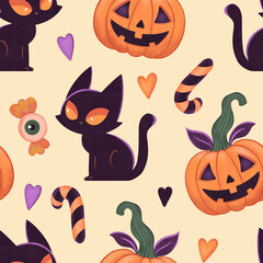 Halloween pumpkins and black cats seamless pattern. Funny orange pumpkins. Candy eyeball. Light background