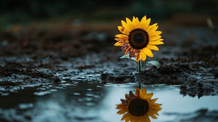 A solitary sunflower, its petals bloodied, reflected in a watery ground, symbolizing a fight for survival, even though it comes with deep wounds