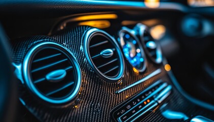 Close-up, Car Interior Dashboard Detail With Carbon Fiber And Climate Control System.