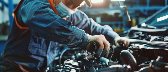 A mechanic diligently working on a car engine in a workshop, emphasizing the expertise and technical skill required in automotive repairs and maintenance.