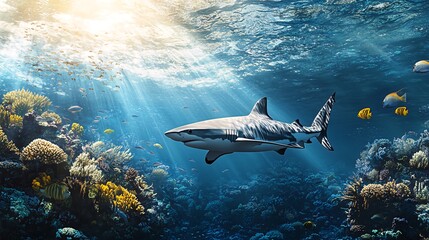 Obraz premium A grey reef shark swims over a vibrant coral reef with sunbeams breaking through the water.