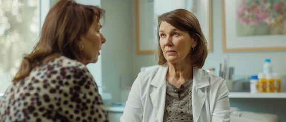 Fototapeta premium Two mature women in a medical office engage in a serious conversation, suggesting a meaningful and critical discussion about health.