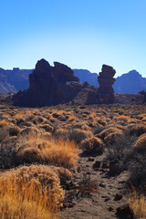 Panorama of caldera in Teide National Park, Tenerife, Canary Islands, Spain. Roques de Garcia in the foreground.