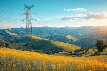 A sunny day, featuring large powergrid poles connected by wires stretching over rolling hills. Generative AI