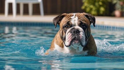 Brindle english bulldog in the swimming pool