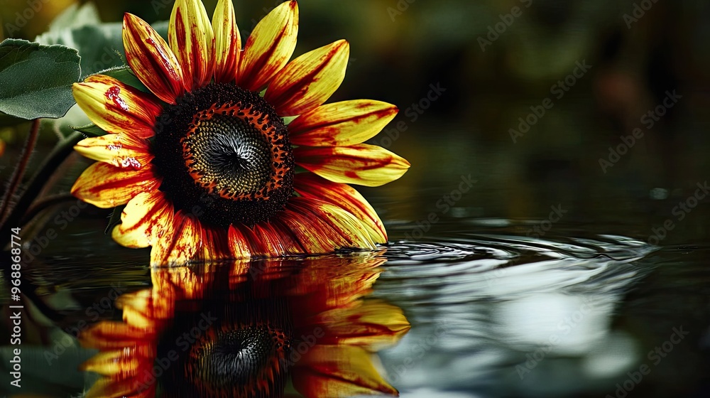 Wall mural A sunflower with streaks of blood on its petals, reflected in water below, symbolizing the will to fight through hardship while bearing the scars