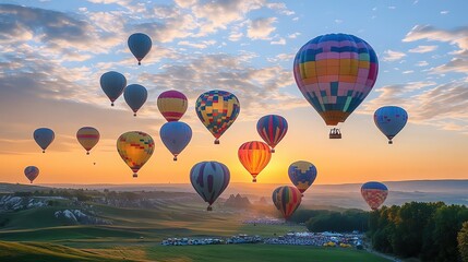 Naklejka premium A stunning display of colorful hot air balloons soaring at sunrise, creating a picturesque landscape of vibrant colors and serenity.