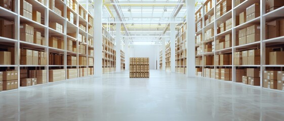 An immaculate, brightly lit warehouse features endless shelves of neatly packed boxes, showcasing impressive order and efficiency.