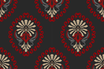 Ikat floral embroidery on black background. Traditional oriental ethnic pattern of Ikat. Abstract vector illustration in Aztec style. Design for texture, fabric, clothing, wrapping.