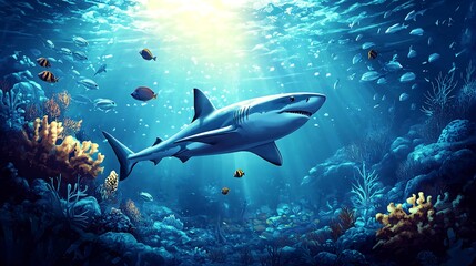 Fototapeta premium A majestic shark swims through a vibrant coral reef, surrounded by colorful fish and a sunbeam shining from above.