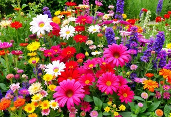 Colorful flower garden with blooming flowers lush greenery and a