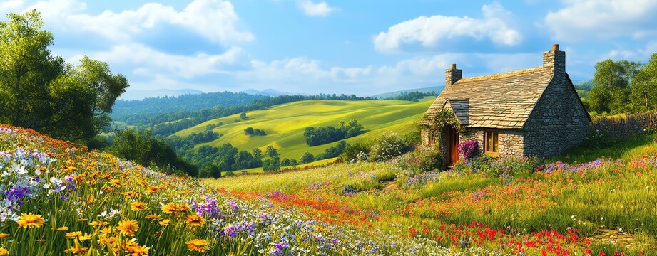 A serene countryside scene showcasing a charming cottage surrounded by vibrant wildflowers and rolling green hills under a blue sky.