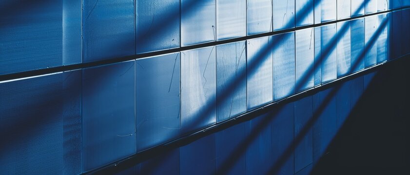 Soft shadows and lines create a minimalist, abstract composition on a blue wall, evoking a sense of calm and introspection.