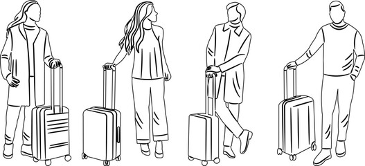 sketch people with suitcases on a white background vector