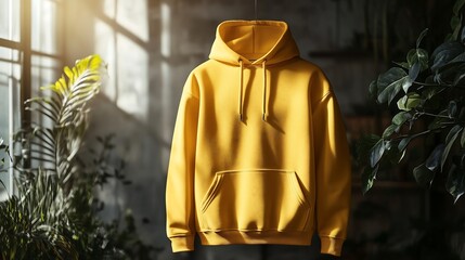 Fototapeta premium A modern yellow men's hoodie mockup with a blank front area for custom graphics