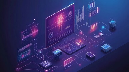 AI-enhanced healthcare monitoring for at-home patients: Futuristic devices collecting real-time health data from patients remotely.