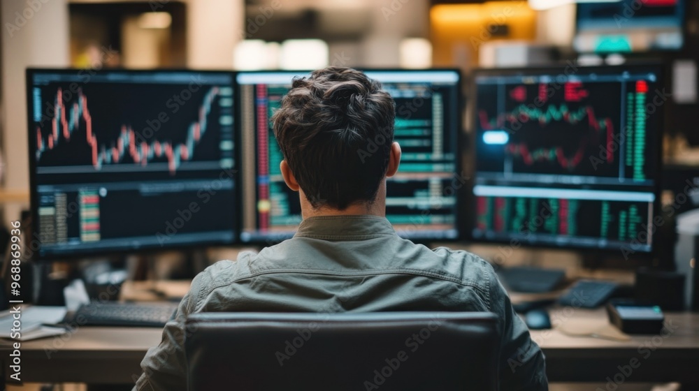 Aufkleber Man Looking at Stock Market Data on Multiple Monitors