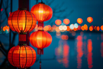 Beautiful greeting card with holiday composition for celebrate chinese festival of lanterns