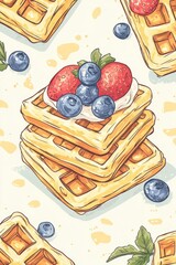 Stack of waffles topped with whipped cream, strawberries, and blueberries.