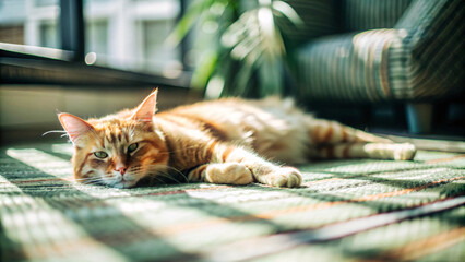 A fluffy ginger cat sits regally on a patterned rug in a bright living room, illuminated by sunlight pouring in from large windows