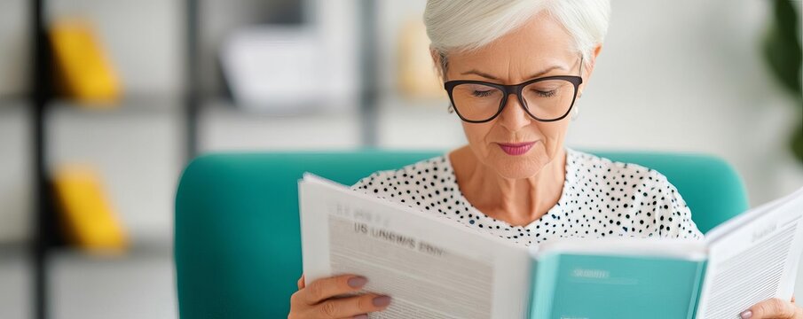 Elderly woman reading business journals in a stylish office, staying informed