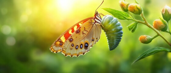 A delicate butterfly emerging from its chrysalis, symbolizing the transition from one stage of life...