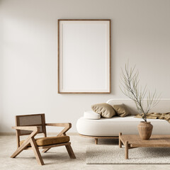 Mock up poster frame in Scandinavian style interior. Minimalist livingroom with wooden furnitures....