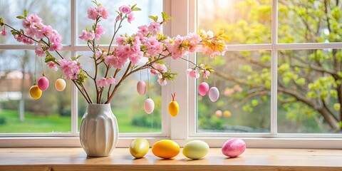 Vase filled with eggs beside tree branch with pink flowers and Easter eggs hanging, in front of a window sill