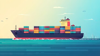 Cargo ship with stacked containers in a flat design, sailing smoothly across the ocean, representing global logistics and shipping operations