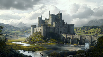 A grand medieval castle on a hill – Surrounded by a moat and drawbridge, with towering stone walls, turrets, and knights patrolling, set against a backdrop of rolling green hills and a cloudy sky