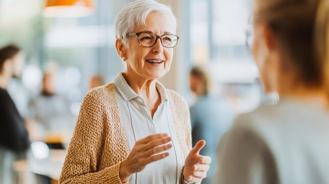 Elderly woman talking to employees in a casual break area, approachable and supportive