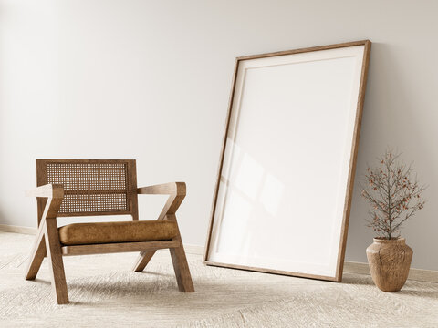 Fototapeta Mock up poster frame in Scandinavian style interior. Minimalist livingroom with wooden furnitures. 3D illustration