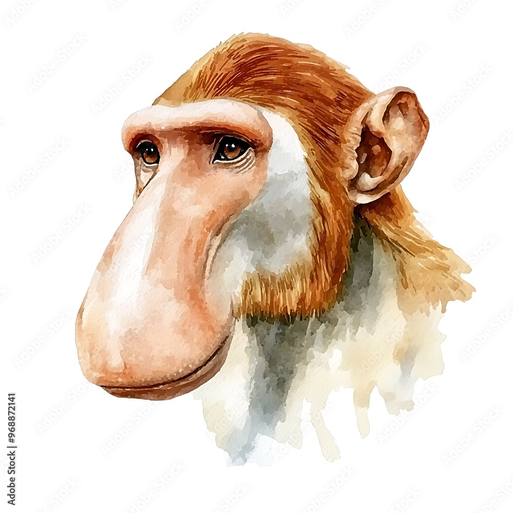 Canvas Prints Watercolor Illustration of a Proboscis Monkey's Head.