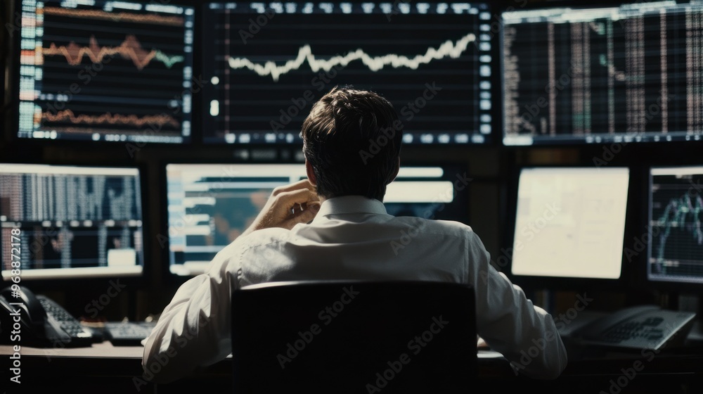 Poster A Man Sitting In Front of Multiple Monitors Displaying Stock Market Data