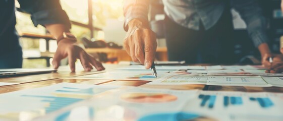 Close-up of hands pointing to charts and diagrams on a table during a business meeting, with a warm, collaborative feel.