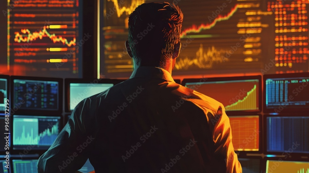 Poster A Man Working in Front of Multiple Computer Screens Displaying Financial Data