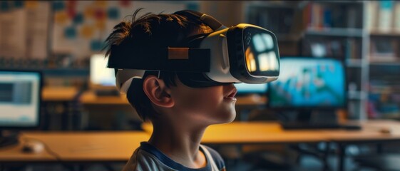 A young boy immersed in virtual reality experiences wonder and discovery, wearing a VR headset in a tech-filled room, highlighting future and technology.