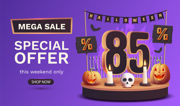 85 percents off. Halloween sale banner template. Podium and numbers with amount of discount. Special October offer. Vector illustration.