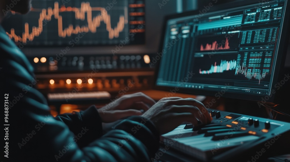 Poster Person Using a MIDI Keyboard and Computer to Make Music
