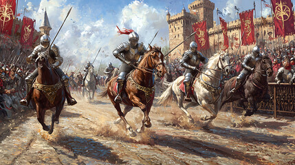 A medieval knight tournament – Jousting knights in shining armor, with lances raised, charging toward each other on horses, while a crowd of nobles and commoners cheer from the stands with banners 