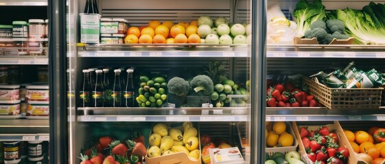 A well-organized supermarket fridge showcases fresh fruits and vegetables, with vibrant colors under bright lighting, evoking a sense of freshness and abundance.