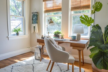 Fototapeta premium A cozy, modern office with a stylish desk, comfortable chair, and bright, natural light. 