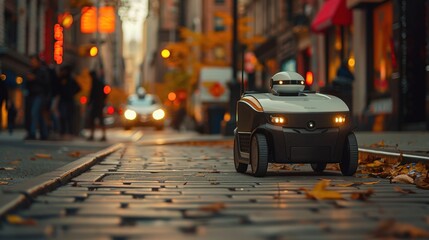 Obraz premium A Lively City Scene Featuring an Autonomous Delivery Robot Gliding Through Autumn Leaves with a Warm Urban Atmosphere