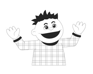 Hand puppet happy boy black and white 2D line character. Waving arms doll for glove puppet theater isolated vector outline personage. Toy wide smile, short hair. Monochromatic spot illustration